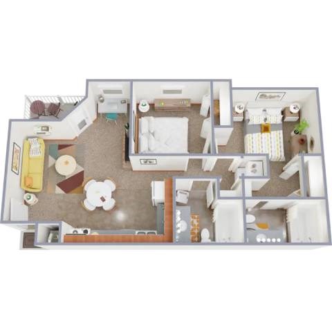 Floor plan for 2 beds, 2 baths, 750 sqft